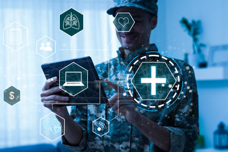 Soldier offers heart with medical cross icon on a virtual interface. Military Security and Protection Civilians. Military Hospital. Soldiers and People Health Care Safetyの写真素材