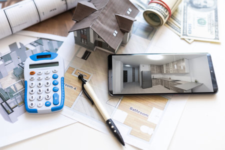 Architecture blueprint and work tool on tableの写真素材