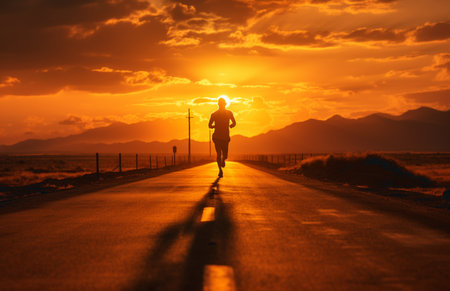 Silhouetted man running on country road over sunsetの素材