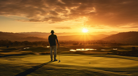 male golfer hit golf ball toward the hole at sunset silhouettedの素材