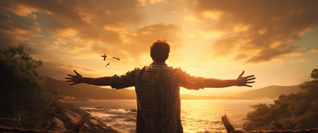 Silhouette man with hands rise up on beautiful view. Christian praise on hill thanksgiving day background. Man consumed by wanderlust nature standing open arms enjoying sun concept fun world wisdomの素材