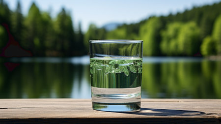 A glass of water with green nature and mountain reflectionの素材