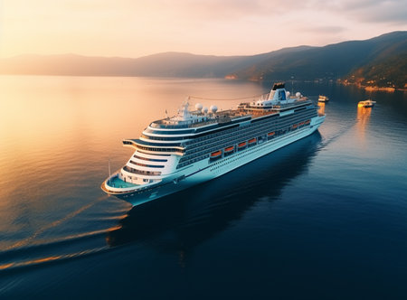 Luxury cruise ship sailing to port on sunriseの素材