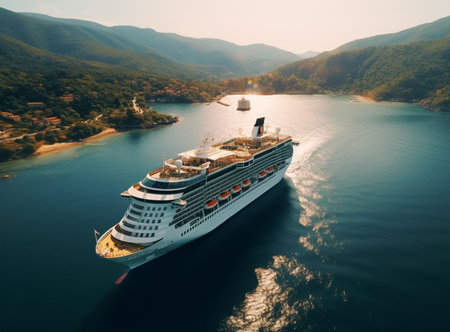Luxury cruise ship sailing to port on sunriseの素材