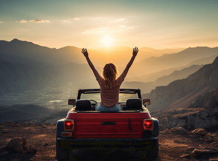 young happy couple in cabriolet in sunset lightの素材