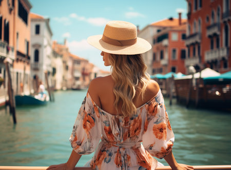 Woman in the Venice, standing on the bridge over the grand canal while on sightseeing in a foreign city. Discovery the Venice adventure.の素材