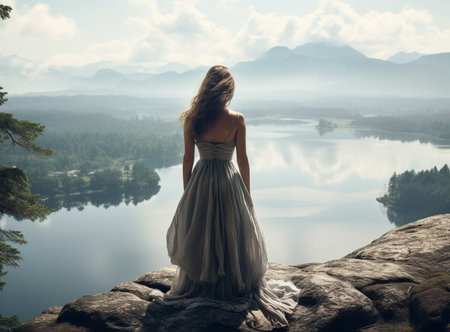 beautiful girl on the background of the riverの素材