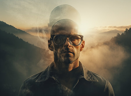 man profile portrait on the background of sunset mountains and sea lake. Multiple exposure image.の素材