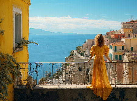 Stylish girl stands on the balcony. Outfit (look) for a vacation. A girl with beautiful dark hair admires the sea. Fashionable summer style.の素材