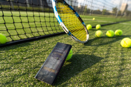 sport, fitness, technology, game and objects concept - close up of tennis racket with ball and tablet pc computer on wooden floorの写真素材