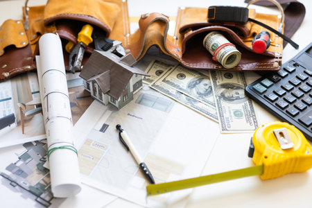 Engineering Graphics with money, work toolsの写真素材