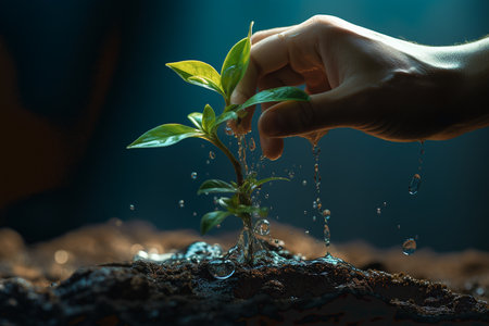 Hands of the farmer are planting the seedlings into the soilの素材