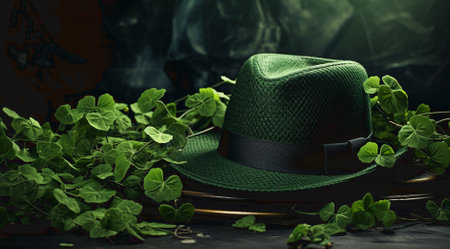 St Patricks shiny green hat on glowing bokeh backgroundの素材