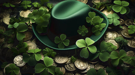Leprechauns green hat and gold coins. 3D illustration.の素材