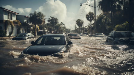 Flooded cars on the street of the city. Street after heavy rain. Water could enter the engine, transmission parts or other places.の素材