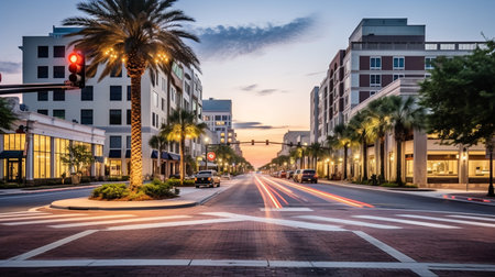 a city crossing with a semaphore on blurred background with cars in the evening streets, red lightの素材