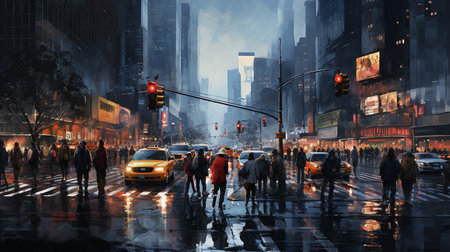 a city crossing with a semaphore on blurred background with cars in the evening streets, red lightの素材