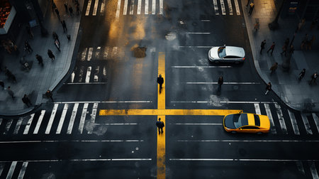 Aerial photo top view of people walk on street in the city over pedestrian crossing traffic roadの素材