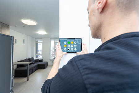 Man using smart home security system control panel