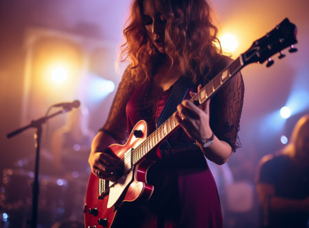 Charming hipster woman with curly hair with red guitar in neon lights. Rock musician is playing electrical guitar. 90s style concept.の素材