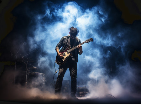 Guitarist playing on electric guitar. Rock concert stage.の素材