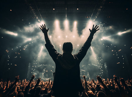 Music, rock and stage with man and microphone singing for concert, festival and party event. Light, celebration and performance with singer and band at nightclub for disco, techno or new year showの素材