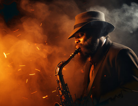 Saxophonist. Middle aged man playing on saxophone. Smoke backgroundの素材