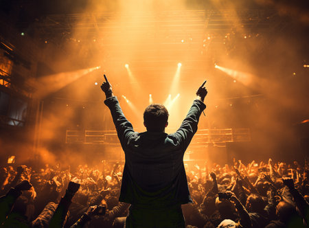Music, rock and stage with man and microphone singing for concert, festival and party event. Light, celebration and performance with singer and band at nightclub for disco, techno or new year showの素材