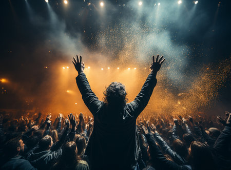 Music, rock and stage with man and microphone singing for concert, festival and party event. Light, celebration and performance with singer and band at nightclub for disco, techno or new year showの素材