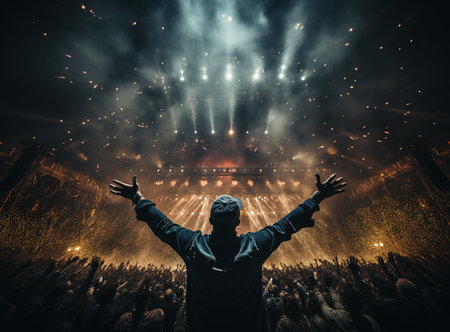 Music, rock and stage with man and microphone singing for concert, festival and party event. Light, celebration and performance with singer and band at nightclub for disco, techno or new year showの素材