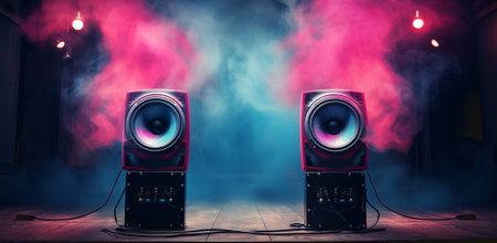 3d illustration of audio speaker with colorful lightsの素材