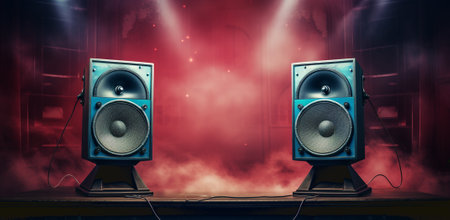 Modern sound speakers in neon light as background, closeupの素材