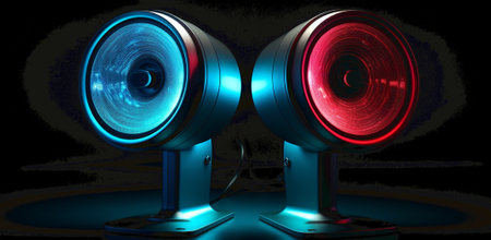 3d illustration of audio speaker with colorful lightsの素材