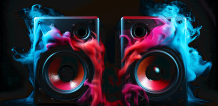 3d illustration of audio speaker with colorful lightsの素材