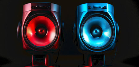 Modern sound speakers in neon light as background, closeupの素材