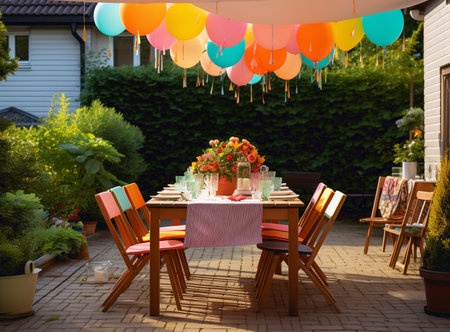 Full length background image of Summer picnic table outdoors decorated with balloons for Birthday party, copy spaceの素材