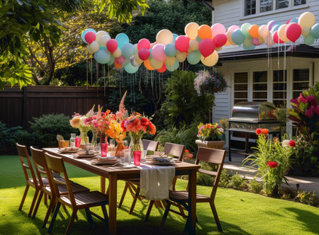 Full length background image of Summer picnic table outdoors decorated with balloons for Birthday party, copy spaceの素材