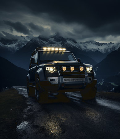 Off-road car on a broken road in the mountains. SUVの素材