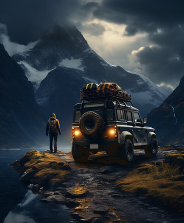 Off-road car on a broken road in the mountains. SUVの素材