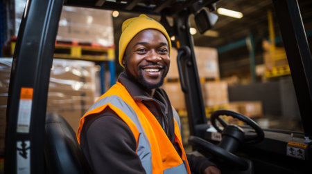 Storehouse employee in uniform working on forklift in modern automatic warehouse. Boxes are on the shelves of the warehouse. Warehousing, machinery concept. Logistics in stock.の素材