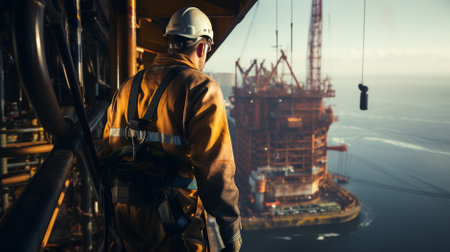 offshore worker ready to disembark to offshore production platform.の素材