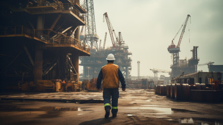 Worker in hard hat and yellow vest against the background of port cranes as a concept of a logistics or shipping companyの素材