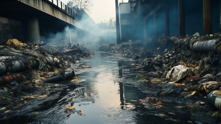 industrial waste and air pollution with black smoke from chimneys.の素材