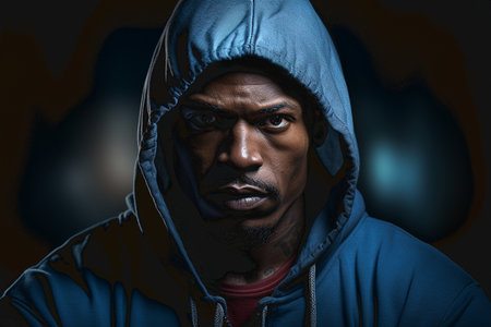 Portrait of sporty man wearing boxing gloves practicing for fight on studio backgroundの素材