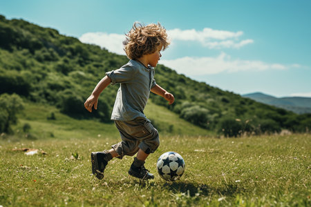 The boy plays football in the yard. child plays with a ball on the lawn.の素材