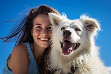 Closeup of female woman smilling and looking at camera with her dogの素材