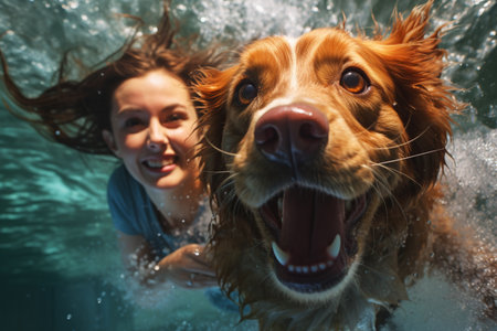 Underwater action. Young woman play with fun, training golden retriever puppy in swimming pool - jump and dive. Active water games with family pet, popular dog breed like companion on summer vacationの素材