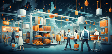 isometric interior shopping mall, grocery, computer, household, equipment store. Flat 3d illustrationの素材