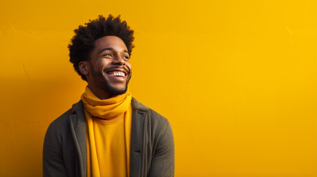 young black man happy, confident, satisfied expression, lateral view against orange wallの素材
