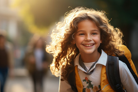 Happy school girl with backpack portrait outdoors. Portrait of schoolchild at autumn at the streetの素材